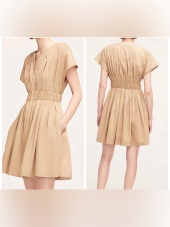 Rebecca Taylor Dresses & Skirts - Rebecca Taylor Tan Short-Sleeve Gathered-Waist Mini Dress